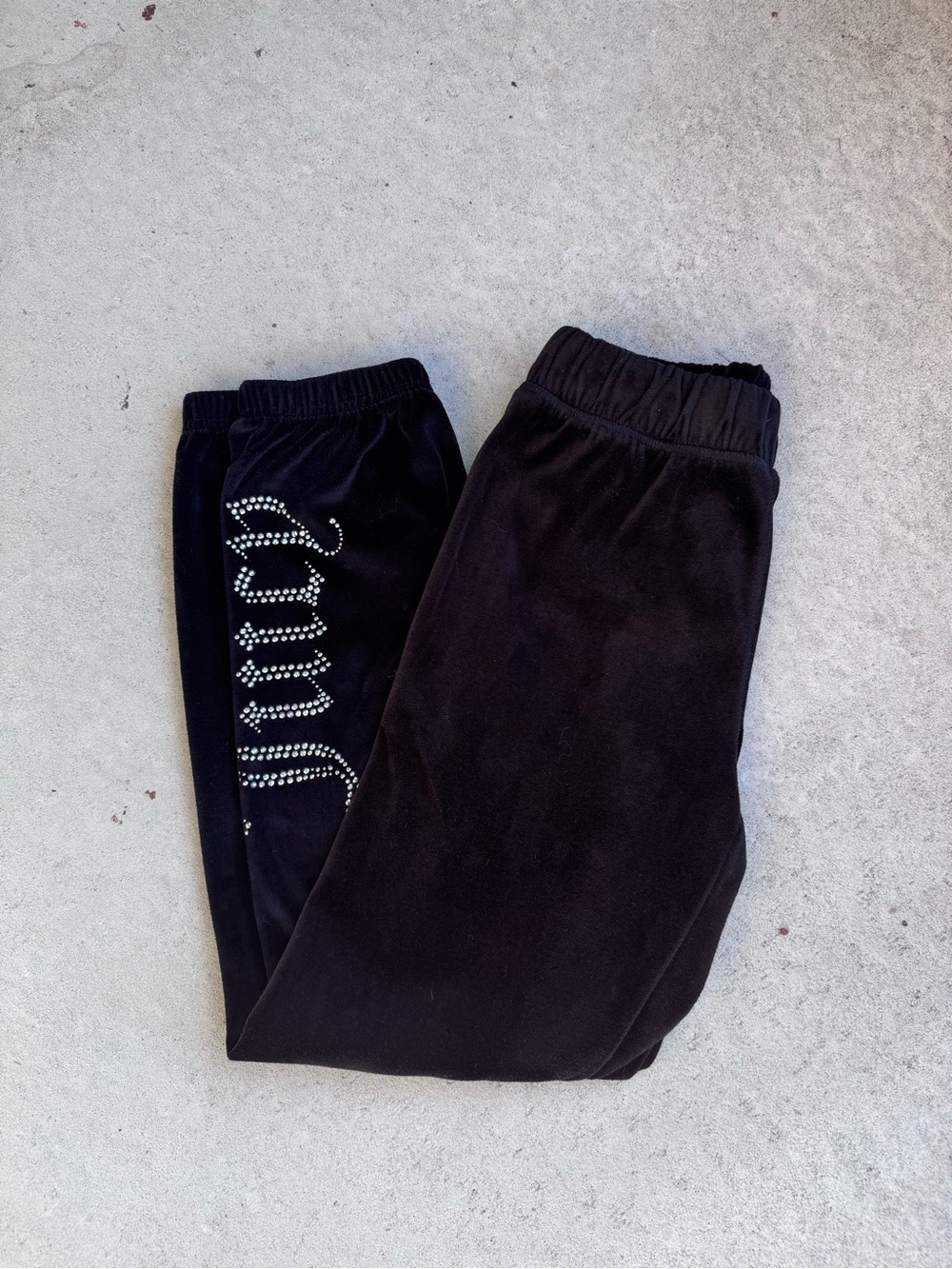 Juicy Couture Black Velour Joggers with Rhinestone Script